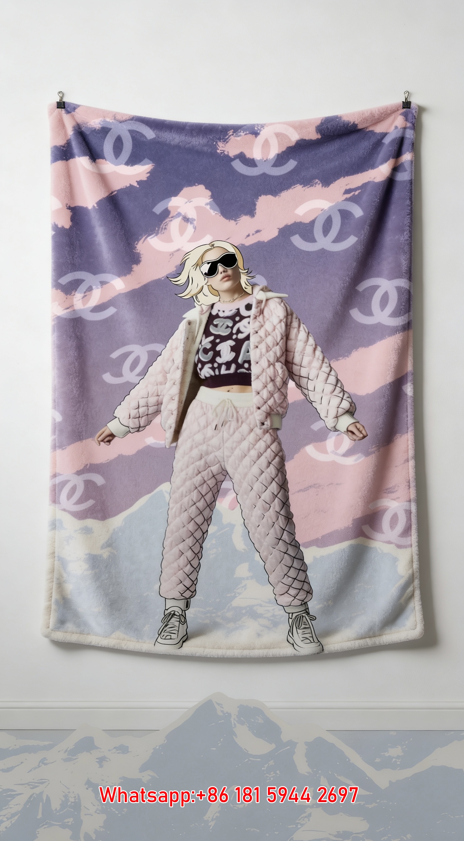 Luxury Chanel Pink Quilted CC Print Flannel Throw Blanket  Pop Art Fashion Girl Mountain Print IMG_7212